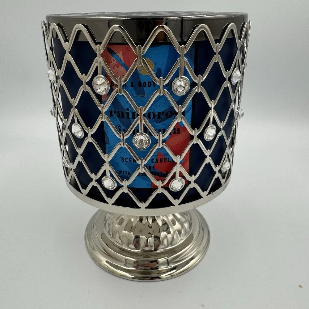 Bath‎ & Body Works SILVER WIRED GEMS PEDESTAL 3-Wick Candle Rainforest Gardenia